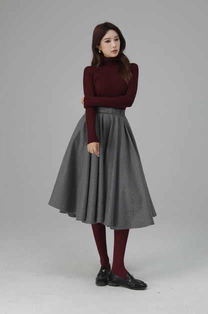 Grey Wool Pleated Midi Skirt - A-Line Silhouette with Elegant Movement 6451
