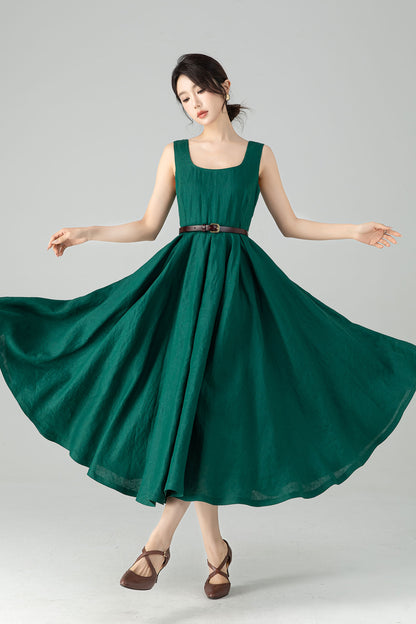 Green Linen Midi Dress - Pleated A-Line with Removable Straps 6075