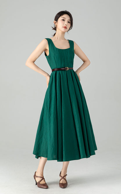 Green Linen Midi Dress - Pleated A-Line with Removable Straps 6075