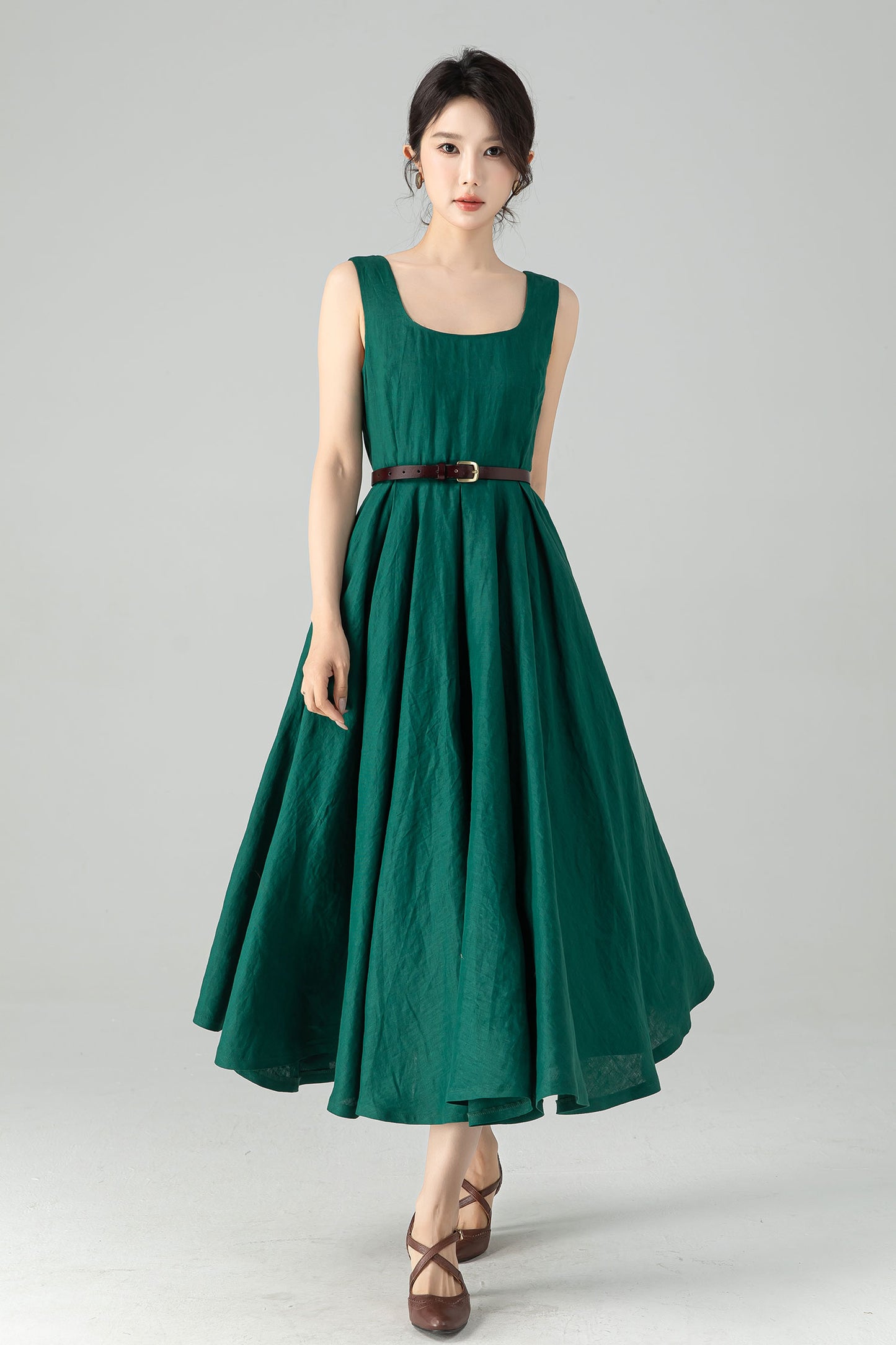 Green Linen Dress with Removable Straps 6075 - XS #yy04656