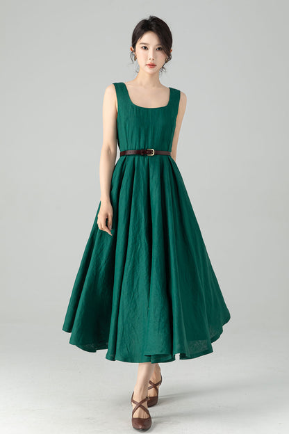 Green Linen Midi Dress - Pleated A-Line with Removable Straps 6075