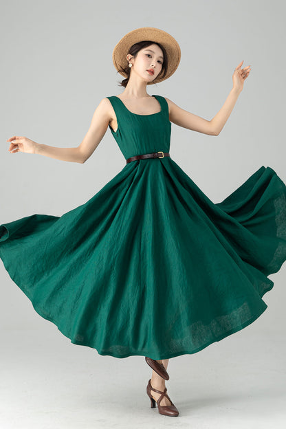 Green Linen Midi Dress - Pleated A-Line with Removable Straps 6075