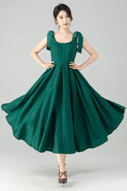 Green Linen Midi Dress - Pleated A-Line with Removable Straps 6075