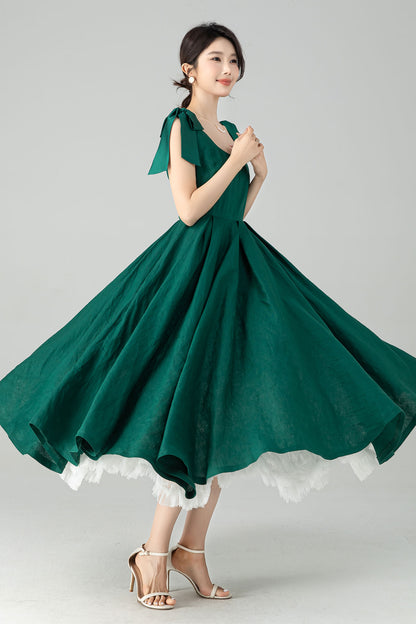 Green Linen Midi Dress - Pleated A-Line with Removable Straps 6075