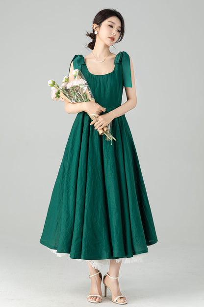 Green Linen Midi Dress - Pleated A-Line with Removable Straps 6075