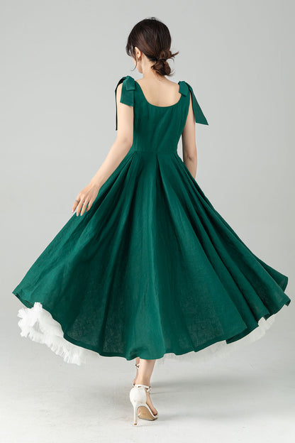 Green Linen Midi Dress - Pleated A-Line with Removable Straps 6075