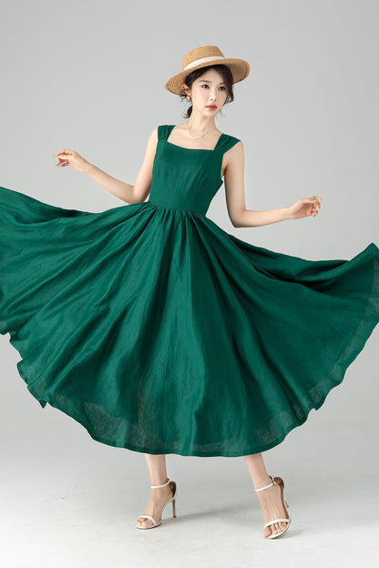 Emerald Green Linen Dress - Flattering Square Neckline & Gathered A-Line Skirt 6076