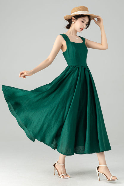 Emerald Green Linen Dress - Flattering Square Neckline & Gathered A-Line Skirt 6076