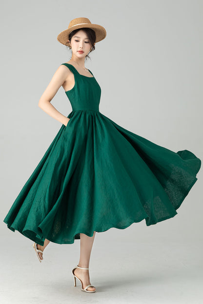 Emerald Green Linen Dress - Flattering Square Neckline & Gathered A-Line Skirt 6076