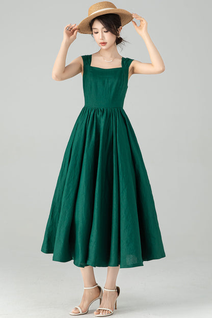 Emerald Green Linen Dress - Flattering Square Neckline & Gathered A-Line Skirt 6076