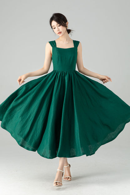Vintage Inspired Green Linen Dress 6076
