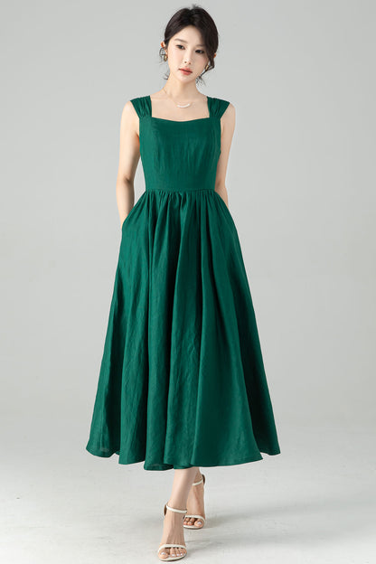 Emerald Green Linen Dress - Flattering Square Neckline & Gathered A-Line Skirt 6076