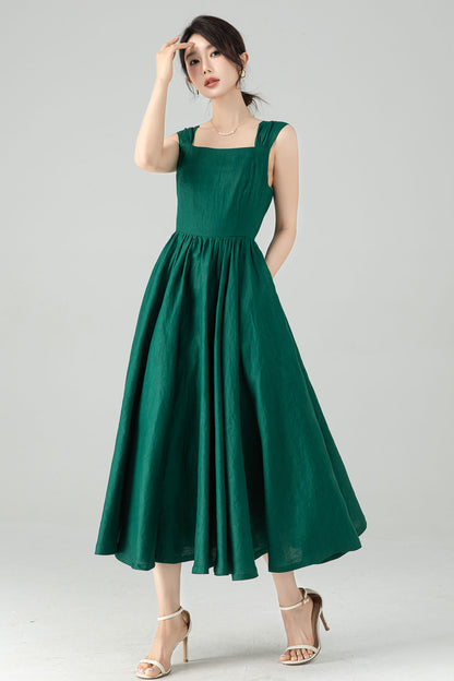 Emerald Green Linen Dress - Flattering Square Neckline & Gathered A-Line Skirt 6076