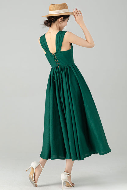 Emerald Green Linen Dress - Flattering Square Neckline & Gathered A-Line Skirt 6076