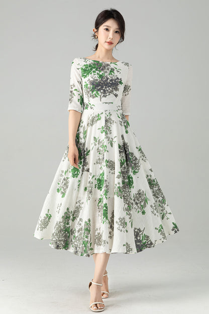 Floral Linen Swing Midi dress 6077 -XS #ab04533