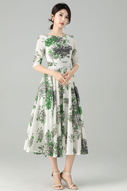 Floral Linen Swing Midi dress 6077 -XS #ab04533