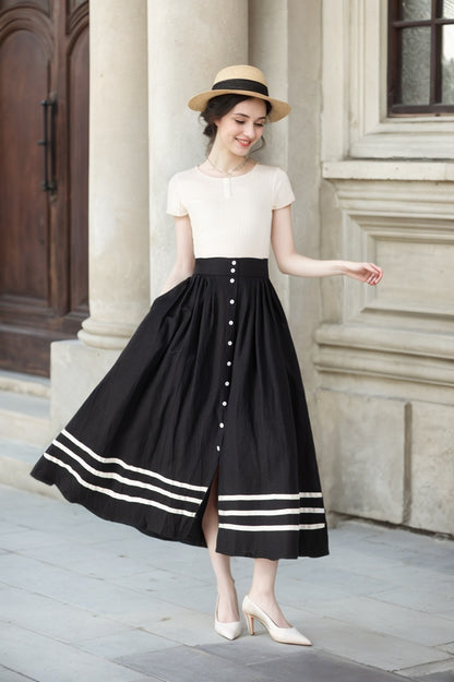 Stylish Button-Up Linen Skirt with Striped Hem 5712 -XS #CK2500362