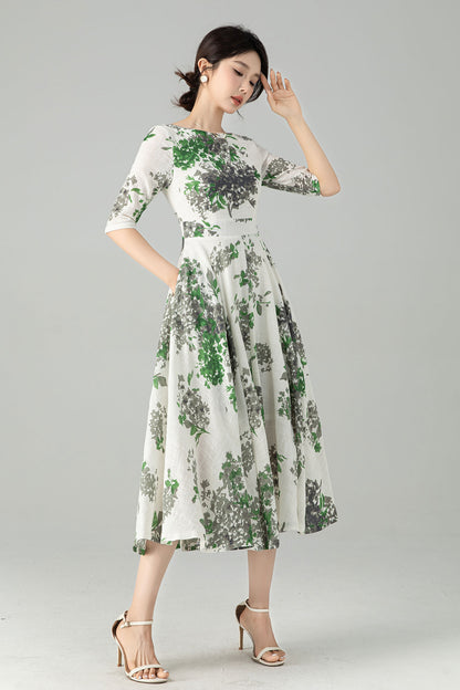 Floral Linen Swing Midi dress 6077 -XS #ab04533