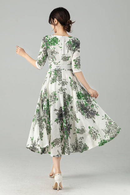 Floral Linen Swing Midi dress 6077 -XS #ab04533