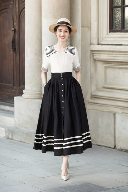 Stylish Button-Up Linen Skirt with Striped Hem 5712 -XS #CK2500362