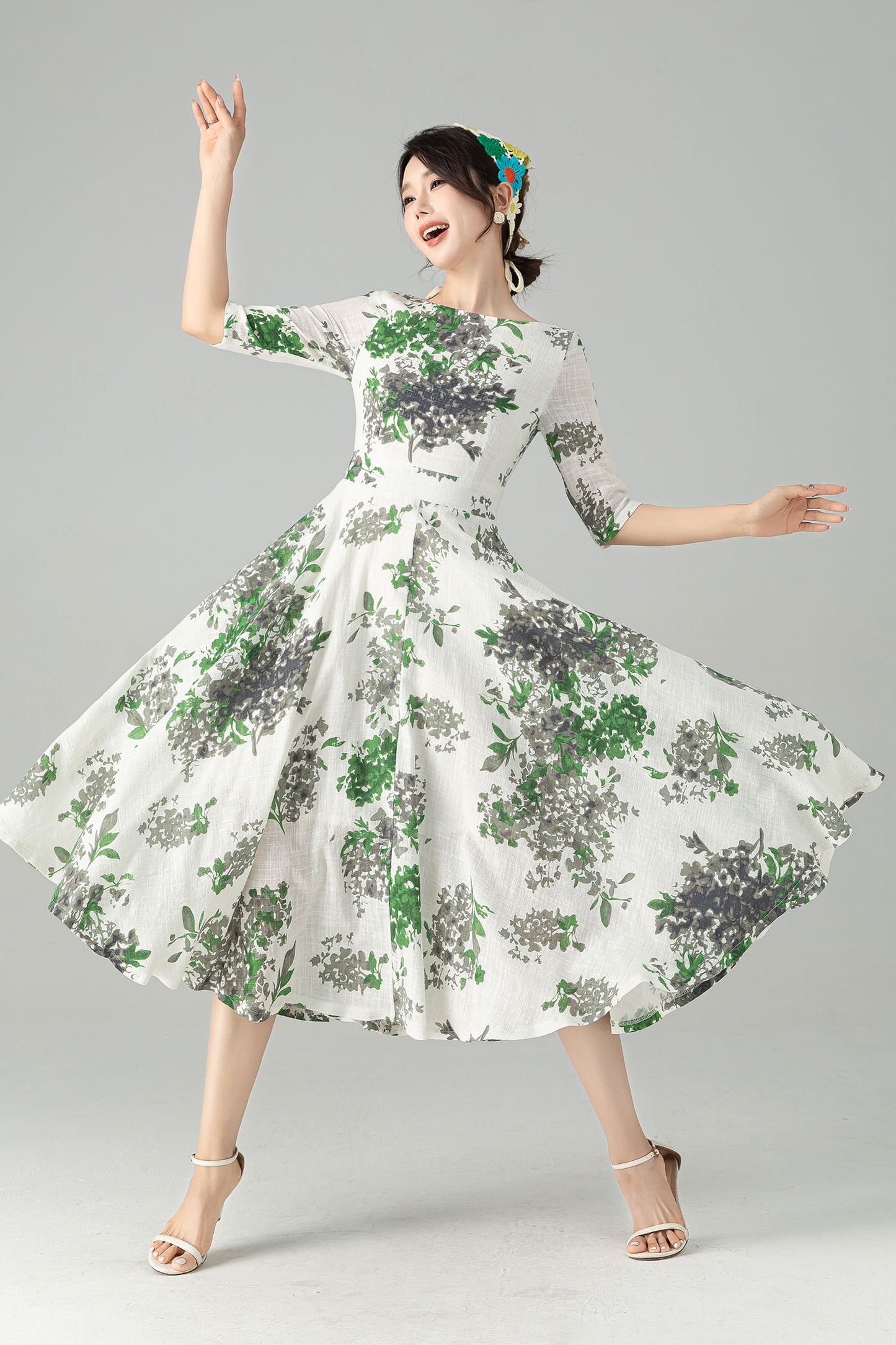 Floral Linen Swing Midi dress 6077