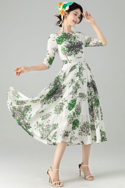 Floral Linen Swing Midi dress 6077 -XS #ab04533