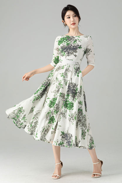 Floral Linen Swing Midi dress 6077 -XS #ab04533