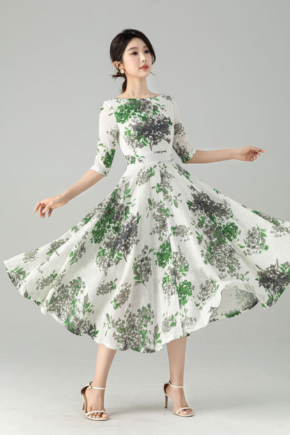Floral Linen Swing Midi dress 6077 -XS #ab04533