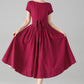Burgundy Linen-Cotton A-Line Dress With Tie Belt – Boat Neck Midi 6078 - xs #yy04654