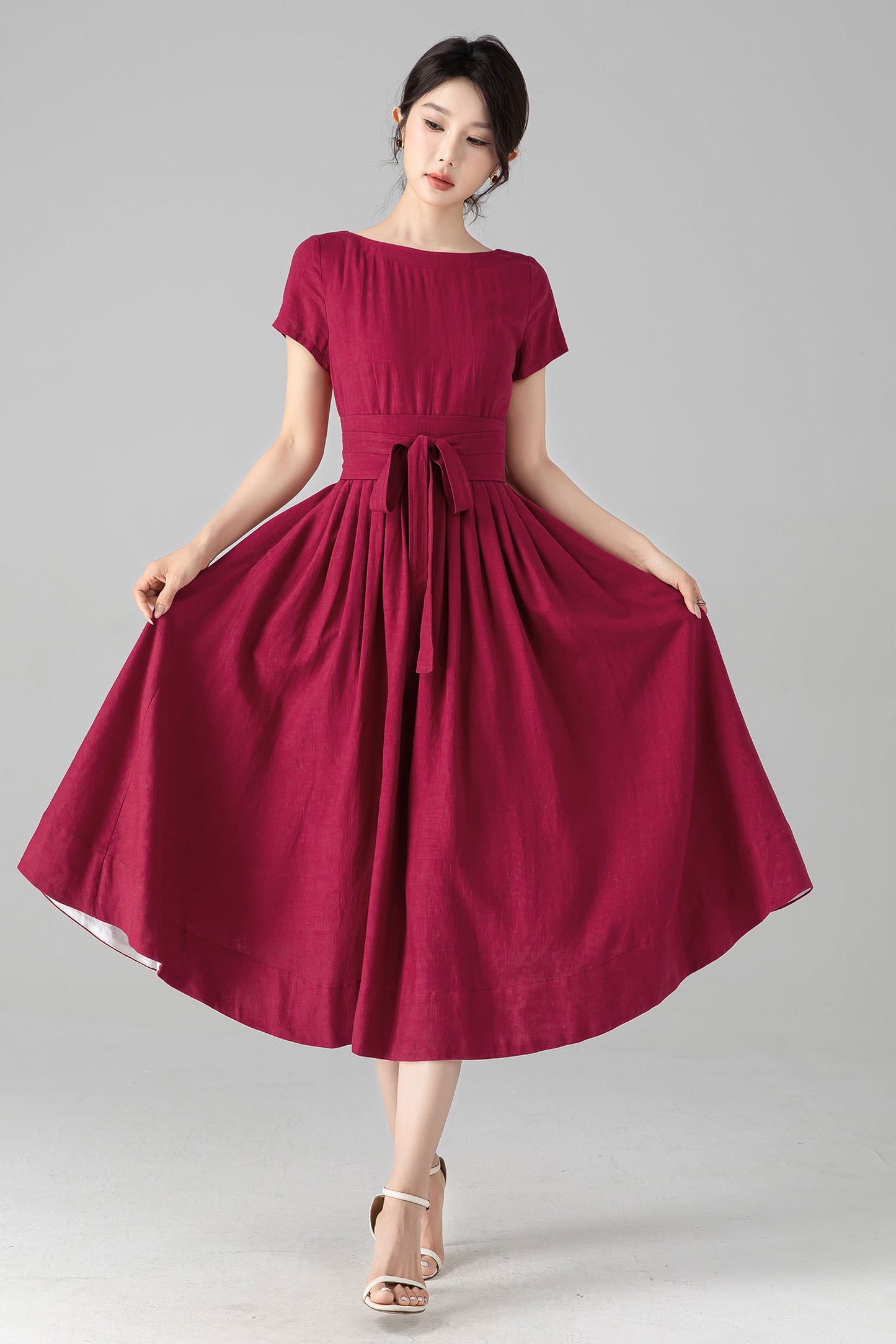 Burgundy Linen-Cotton A-Line Dress With Tie Belt – Boat Neck Midi 6078 - xs #yy04654