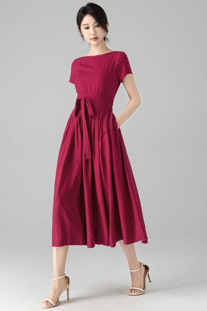 Burgundy Linen-Cotton A-Line Dress With Tie Belt – Boat Neck Midi 6078
