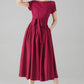 Burgundy Linen-Cotton A-Line Dress With Tie Belt – Boat Neck Midi 6078 - xs #yy04654