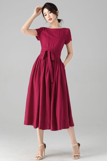 Burgundy Linen-Cotton A-Line Dress With Tie Belt – Boat Neck Midi 6078