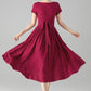 Burgundy Linen-Cotton A-Line Dress With Tie Belt – Boat Neck Midi 6078 - xs #yy04654