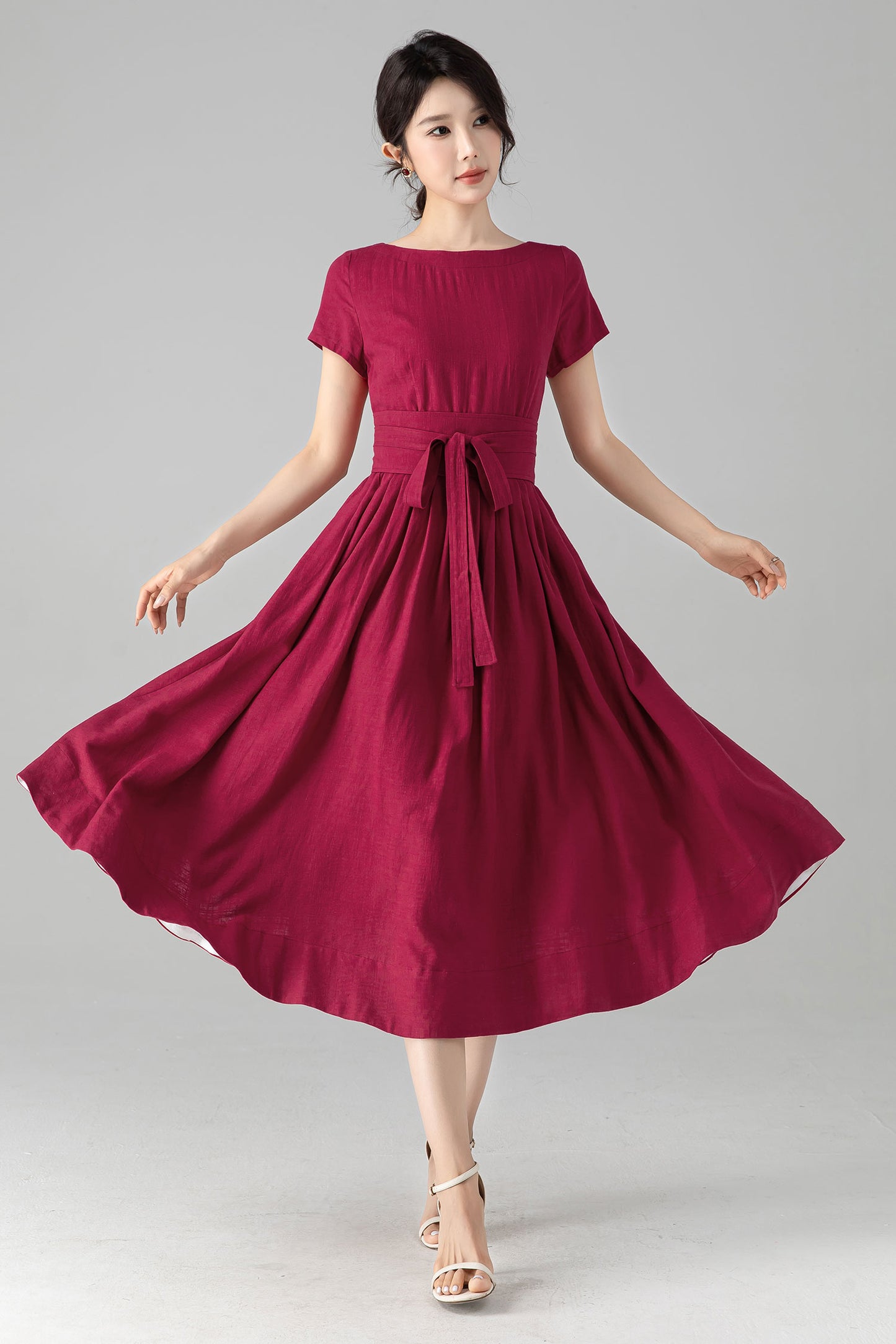 Burgundy Linen-Cotton A-Line Dress With Tie Belt – Boat Neck Midi 6078 - xs #yy04654