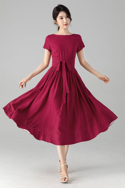 Burgundy Linen-Cotton A-Line Dress With Tie Belt – Boat Neck Midi 6078