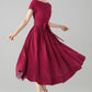 Burgundy Linen-Cotton A-Line Dress With Tie Belt – Boat Neck Midi 6078 - xs #yy04654
