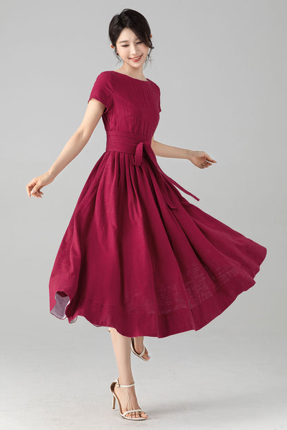 Burgundy Linen-Cotton A-Line Dress With Tie Belt – Boat Neck Midi 6078
