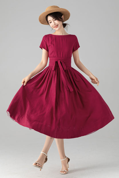 Burgundy Linen-Cotton A-Line Dress With Tie Belt – Boat Neck Midi 6078 - xs #yy04654