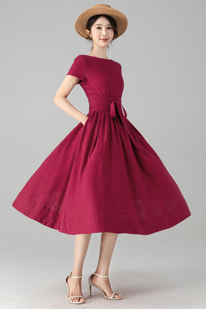 Burgundy Linen-Cotton A-Line Dress With Tie Belt – Boat Neck Midi 6078