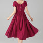 Burgundy Linen-Cotton A-Line Dress With Tie Belt – Boat Neck Midi 6078 - xs #yy04654