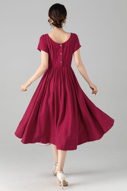 Burgundy Linen-Cotton A-Line Dress With Tie Belt – Boat Neck Midi 6078