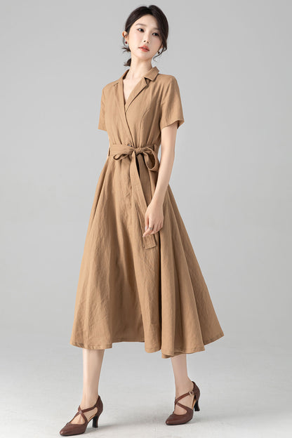 Khaki Linen Midi Wrap Dress - A-Line Silhouette with Pockets 6079