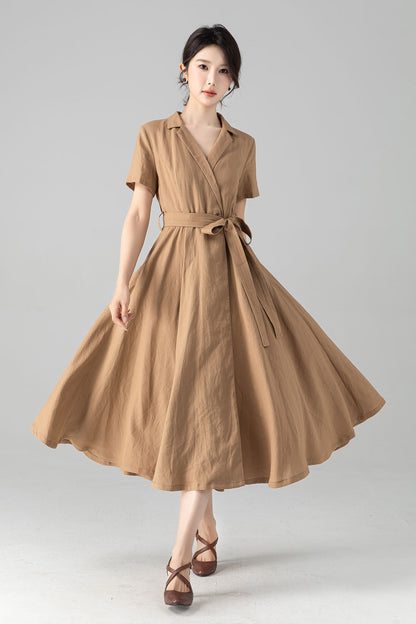 Khaki Linen Midi Wrap Dress - A-Line Silhouette with Pockets 6079