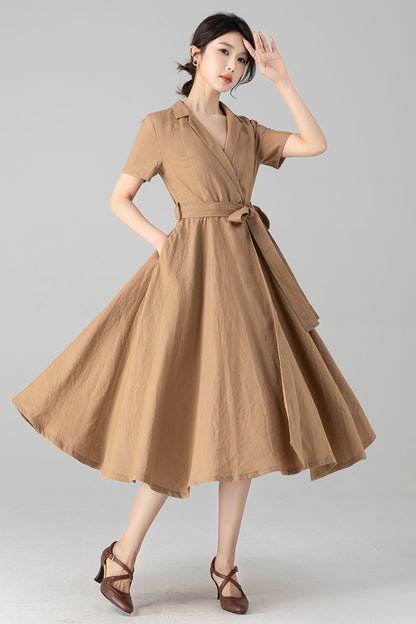 Khaki Linen Wrap dress with pockets 6079