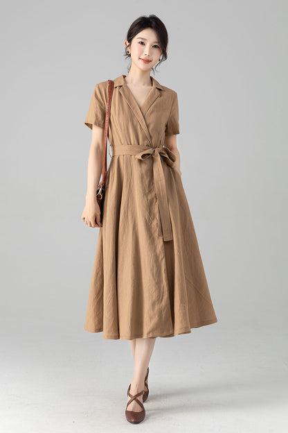 Khaki Linen Midi Wrap Dress - A-Line Silhouette with Pockets 6079
