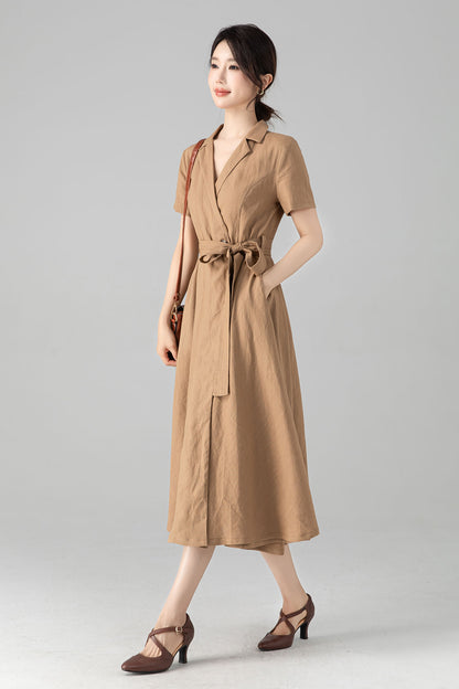 Khaki Linen Midi Wrap Dress - A-Line Silhouette with Pockets 6079