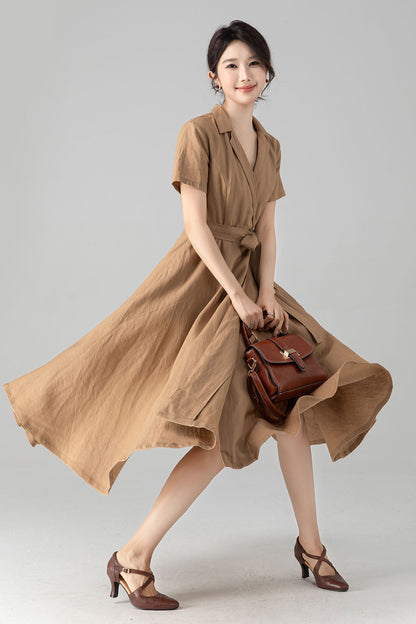 Khaki Linen Midi Wrap Dress - A-Line Silhouette with Pockets 6079
