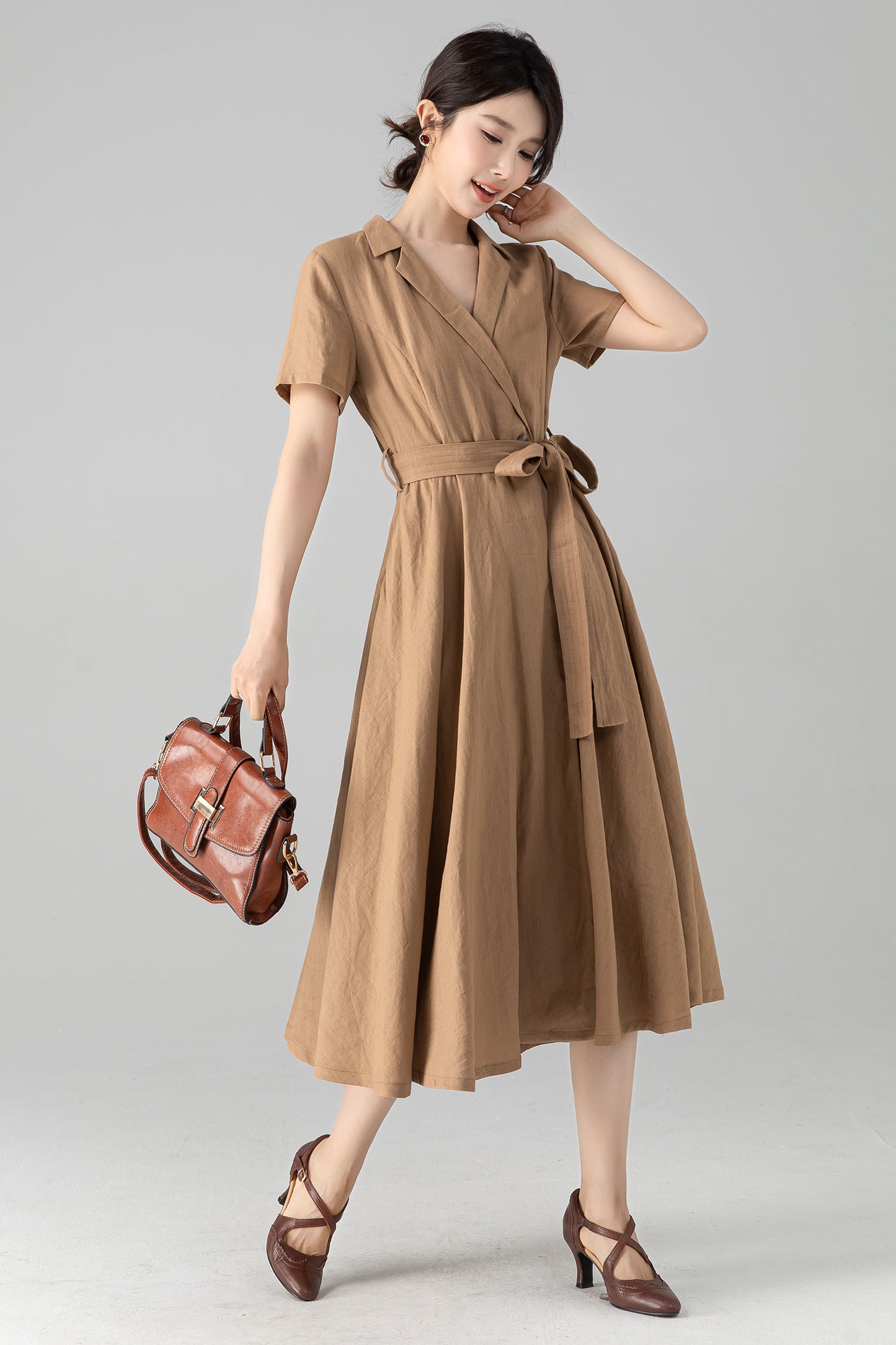 Khaki Linen Wrap dress with pockets 6079