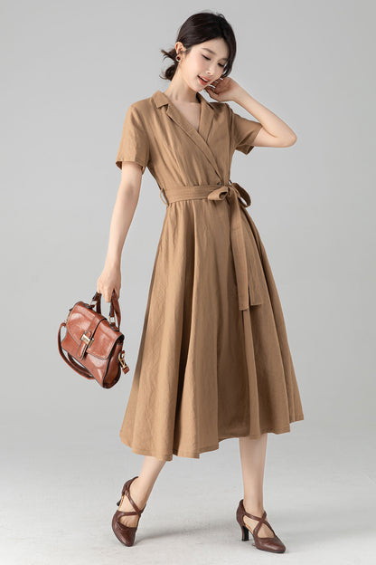 Khaki Linen Midi Wrap Dress - A-Line Silhouette with Pockets 6079